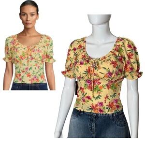 No Boundaries blouse Womans Extra Large Top Floral Yellow Peasant Cottagecore